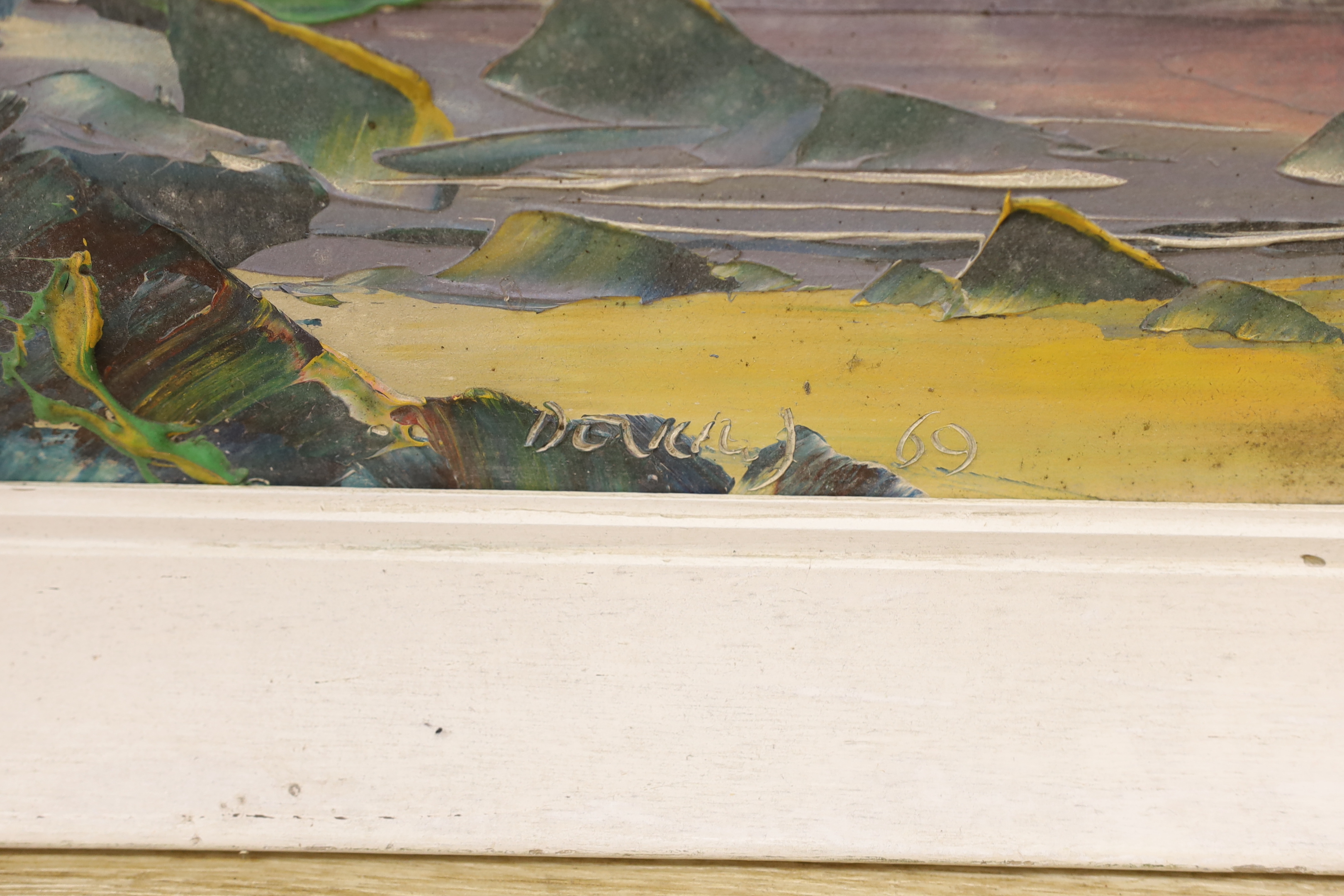 George Richard Deakins, oil on canvas, Caribbean beach scene, signed and dated '69, 30 x 80cm